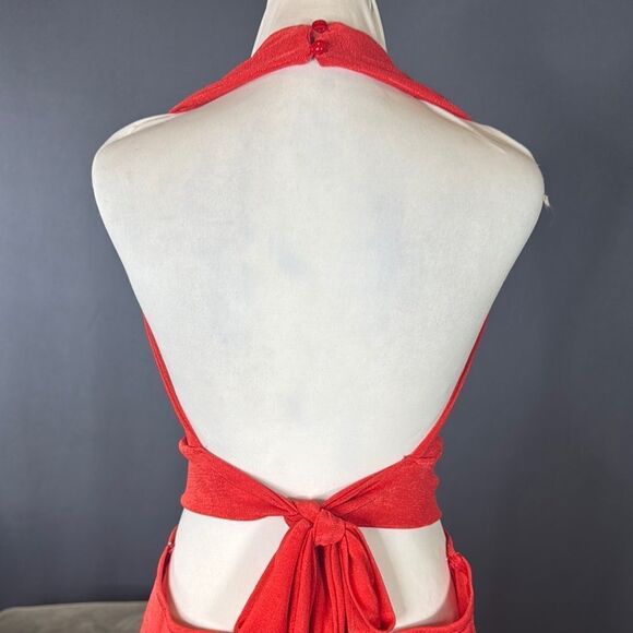 Women’s Red Deep V-Neck Halter Jumpsuit Ring Accent Wide Leg BodyCon Size L NEW - Picture 6 of 12